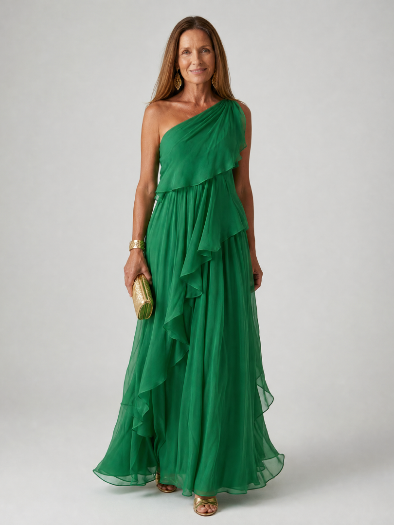 Tracey | Vestido Largo de Un Hombro con Olanes