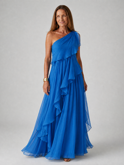 Tracey | Vestido Largo de Un Hombro con Olanes