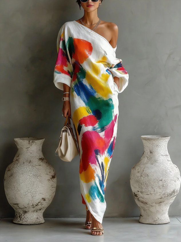 Danella | Vestido Largo de Un Hombro Estampado