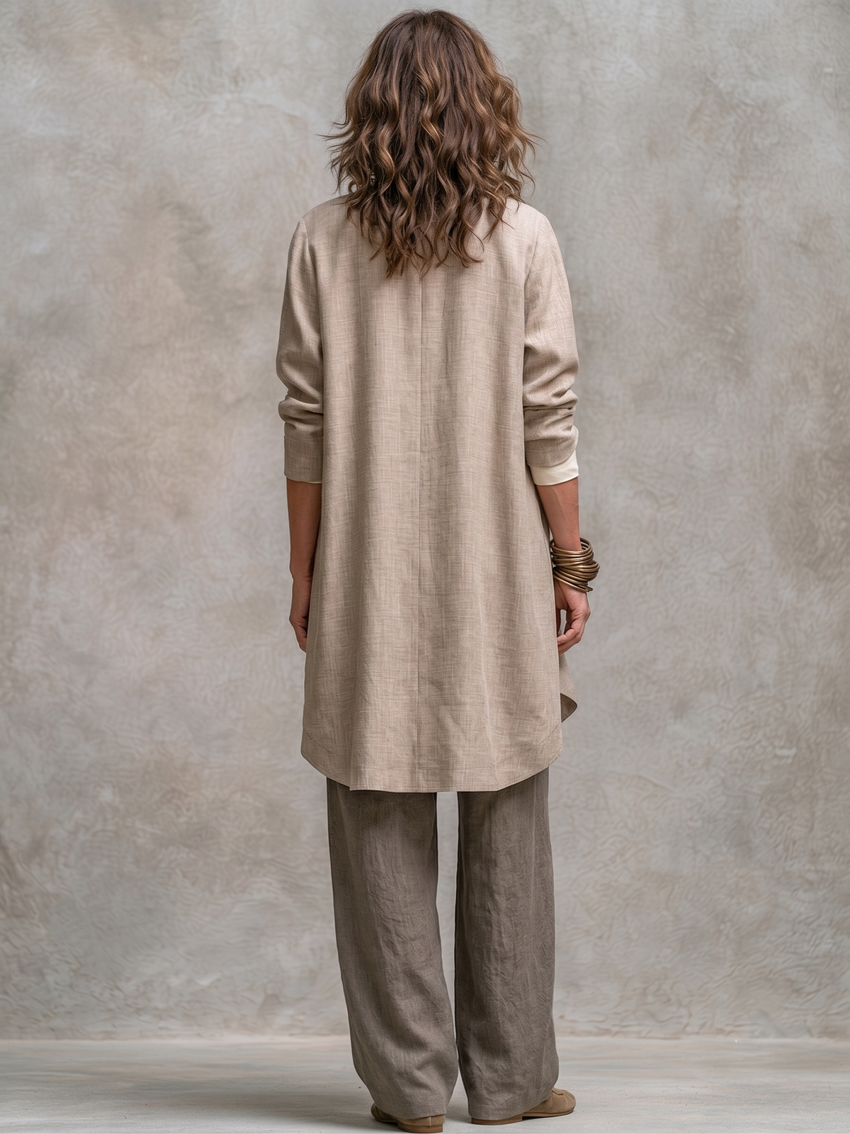 Flaminia | Conjunto de Tres Piezas con Pantalón Palazzo, Beige y Gris