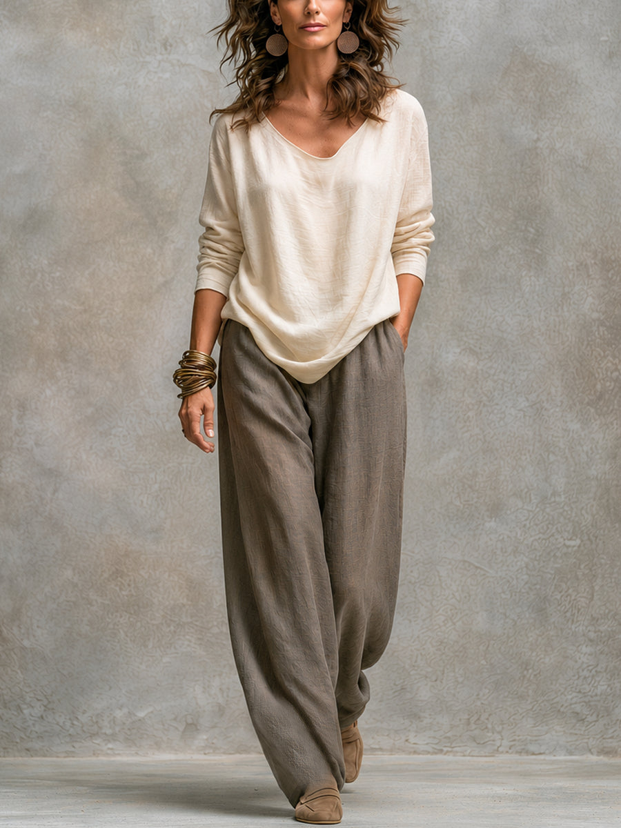 Flaminia | Conjunto de Tres Piezas con Pantalón Palazzo, Beige y Gris