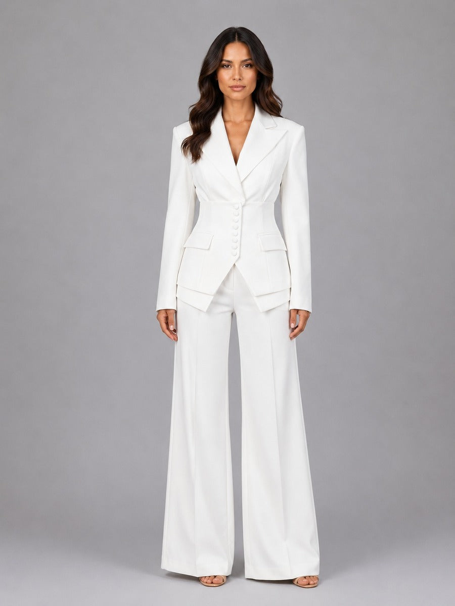 Anselma | Conjunto de Dos Piezas con Blazer de Cintura Marcada y Pantalón Palazzo