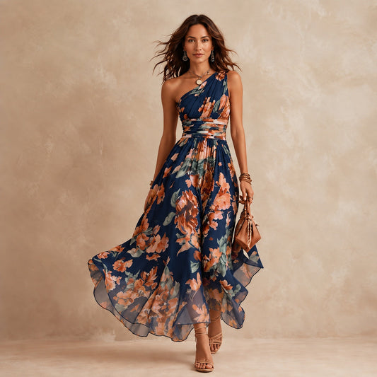 Celeste | Vestido Largo Floral de Un Hombro