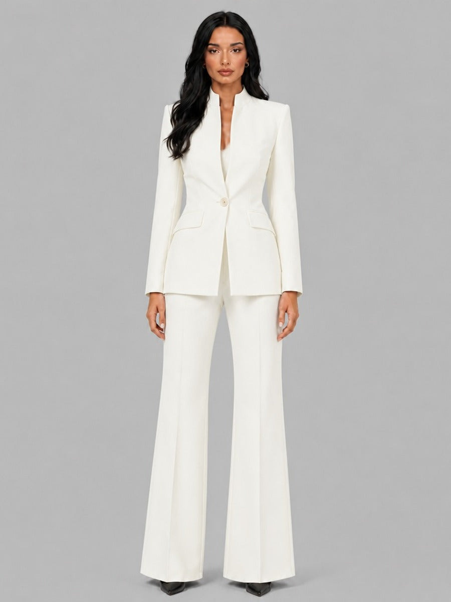 Faustina | Conjunto de Dos Piezas con Blazer Cuello Mao y Pantalón Acampanado