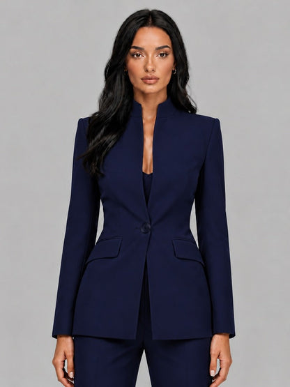 Faustina | Conjunto de Dos Piezas con Blazer Cuello Mao y Pantalón Acampanado