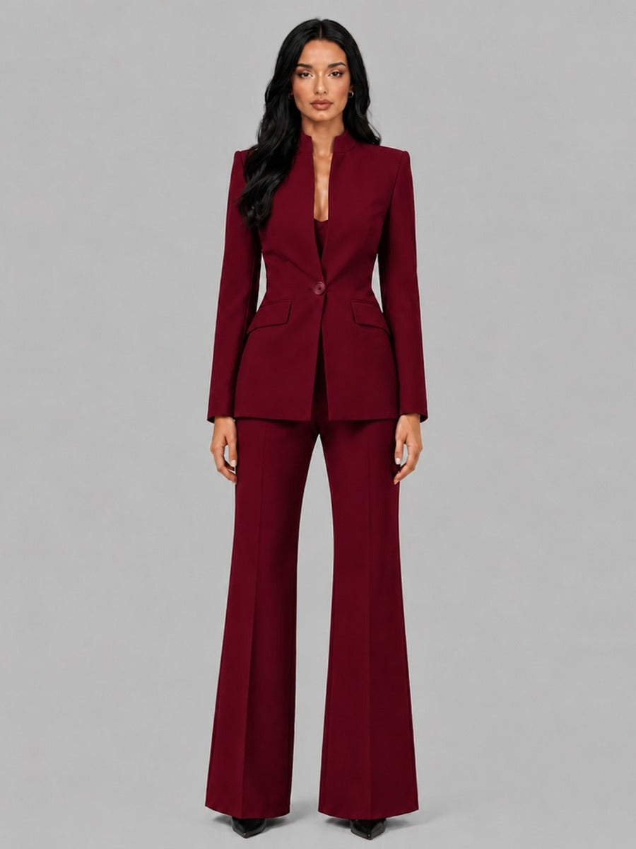 Faustina | Conjunto de Dos Piezas con Blazer Cuello Mao y Pantalón Acampanado