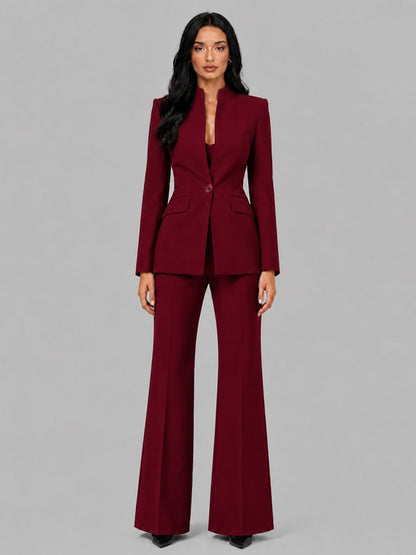 Faustina | Conjunto de Dos Piezas con Blazer Cuello Mao y Pantalón Acampanado