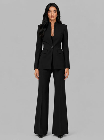 Faustina | Conjunto de Dos Piezas con Blazer Cuello Mao y Pantalón Acampanado
