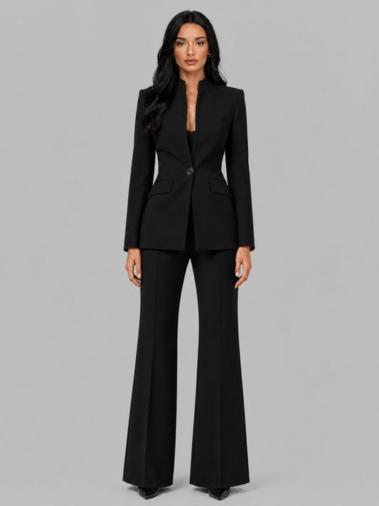 Faustina | Conjunto de Dos Piezas con Blazer Cuello Mao y Pantalón Acampanado