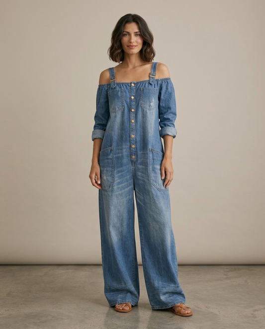 Ruth | Enterizo Azul Off Shoulder de Pierna Ancha