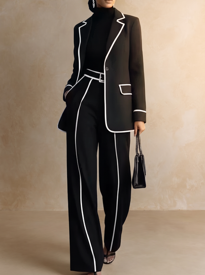 Clementina | Conjunto de Blazer y Pantalón con Vivos en Contraste, Negro