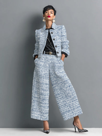 Leontina | Conjunto de Chaqueta Corta Efecto Tweed y Pantalón de Pierna Amplia