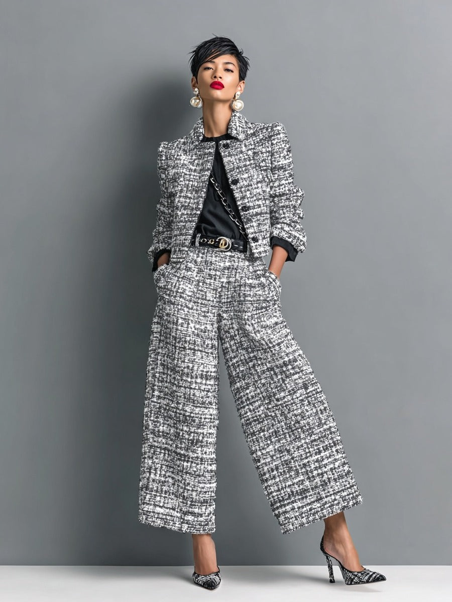 Leontina | Conjunto de Chaqueta Corta Efecto Tweed y Pantalón de Pierna Amplia