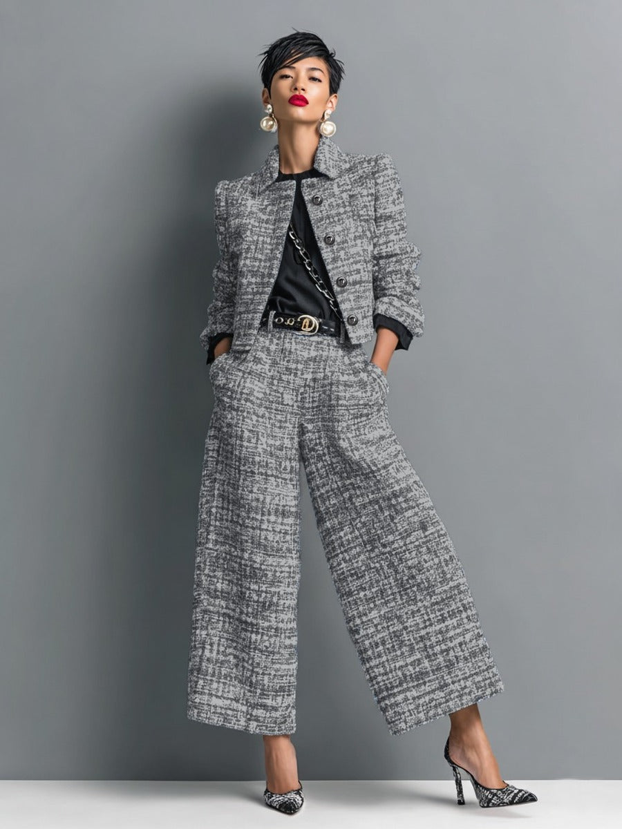 Leontina | Conjunto de Chaqueta Corta Efecto Tweed y Pantalón de Pierna Amplia