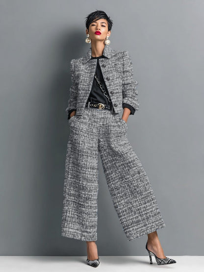 Leontina | Conjunto de Chaqueta Corta Efecto Tweed y Pantalón de Pierna Amplia