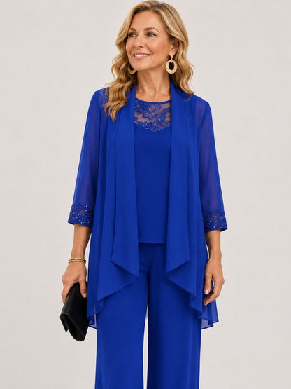 Prisca | Conjunto de Tres Piezas con Saco de Chiffon y Pantalón de Pierna Amplia