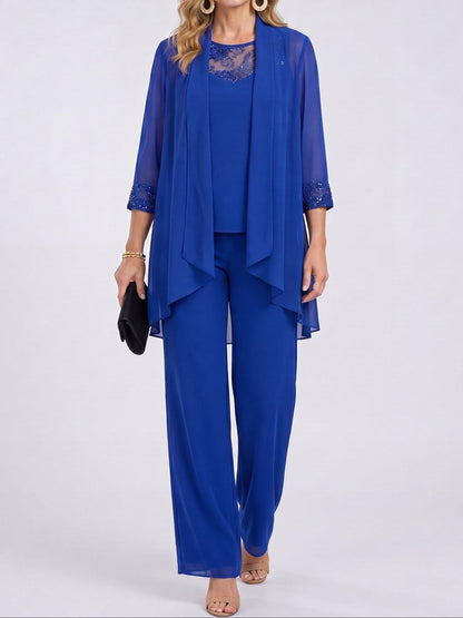 Prisca | Conjunto de Tres Piezas con Saco de Chiffon y Pantalón de Pierna Amplia