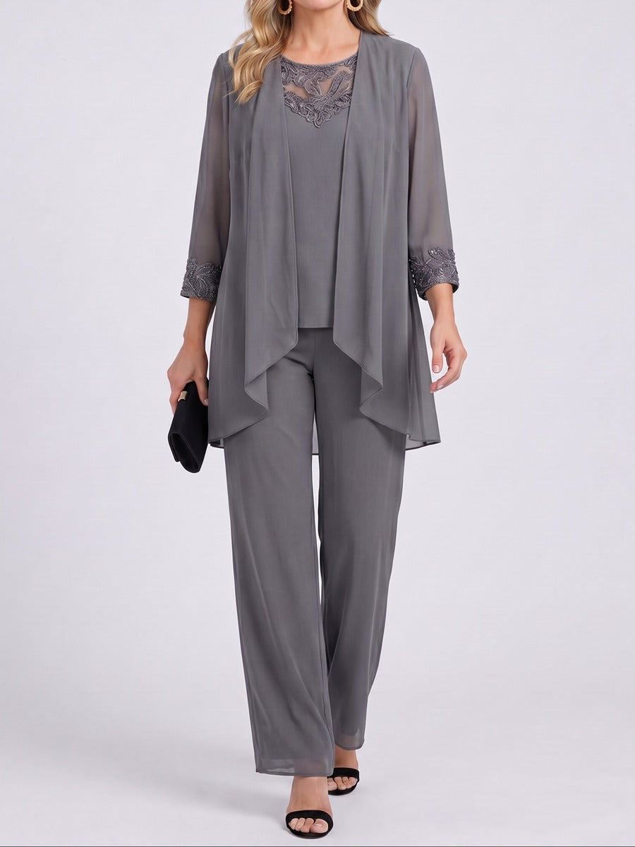Prisca | Conjunto de Tres Piezas con Saco de Chiffon y Pantalón de Pierna Amplia