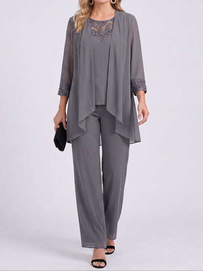 Prisca | Conjunto de Tres Piezas con Saco de Chiffon y Pantalón de Pierna Amplia