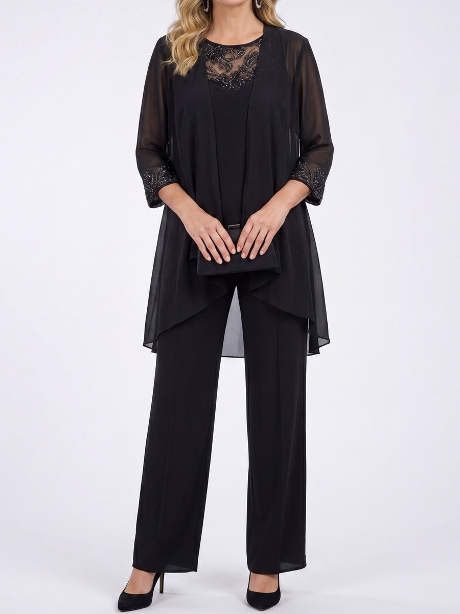 Prisca | Conjunto de Tres Piezas con Saco de Chiffon y Pantalón de Pierna Amplia