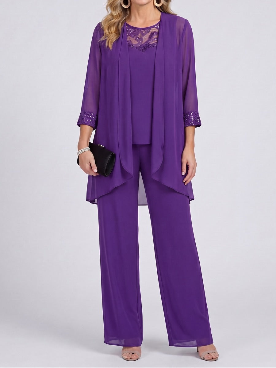 Prisca | Conjunto de Tres Piezas con Saco de Chiffon y Pantalón de Pierna Amplia