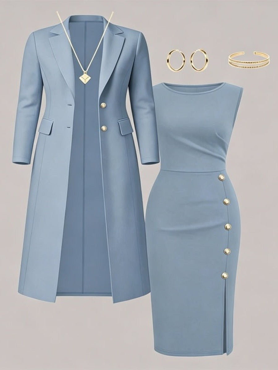 Santina | Conjunto de Blazer Largo y Vestido Sin Mangas con Botones Dorados