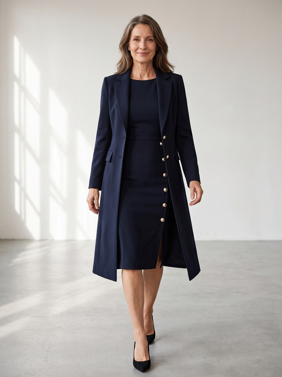 Santina | Conjunto de Blazer Largo y Vestido Sin Mangas con Botones Dorados
