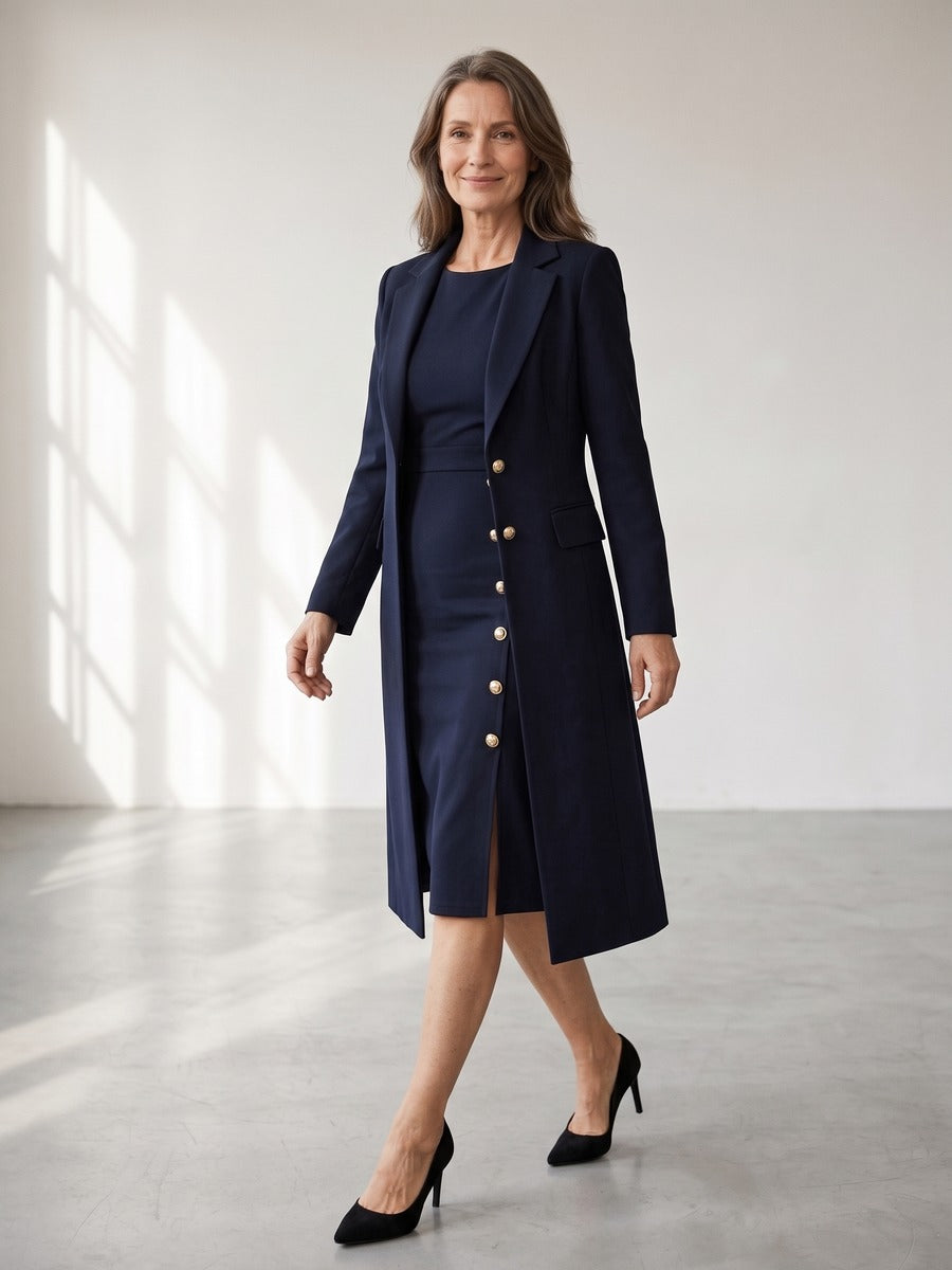 Santina | Conjunto de Blazer Largo y Vestido Sin Mangas con Botones Dorados