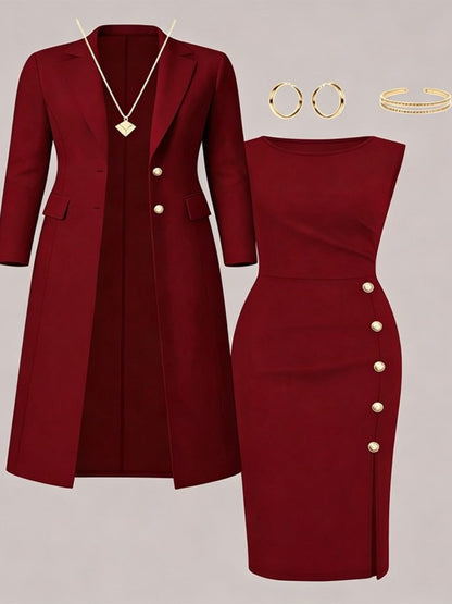 Santina | Conjunto de Blazer Largo y Vestido Sin Mangas con Botones Dorados