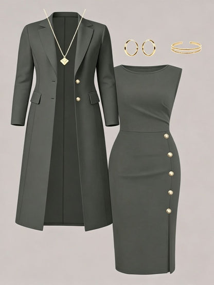 Santina | Conjunto de Blazer Largo y Vestido Sin Mangas con Botones Dorados
