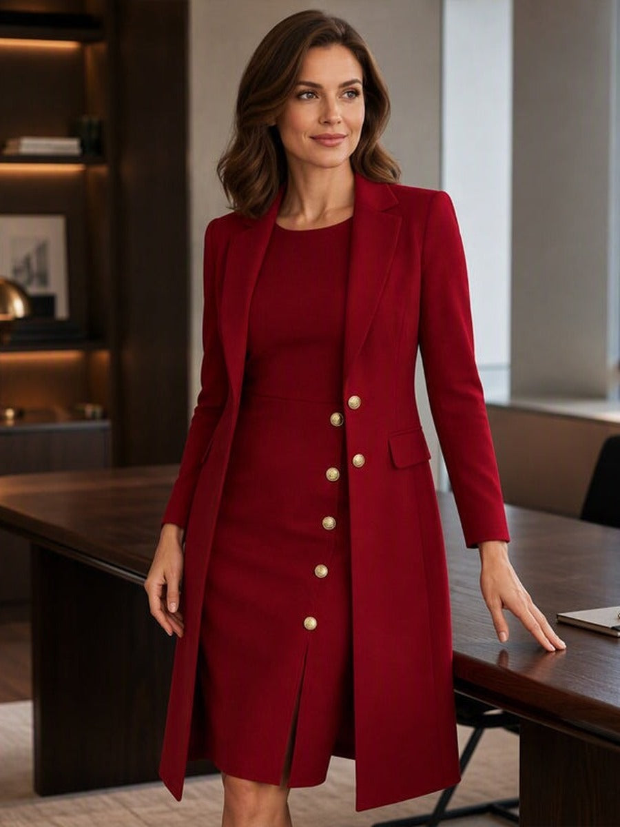 Santina | Conjunto de Blazer Largo y Vestido Sin Mangas con Botones Dorados