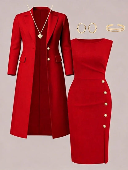 Santina | Conjunto de Blazer Largo y Vestido Sin Mangas con Botones Dorados