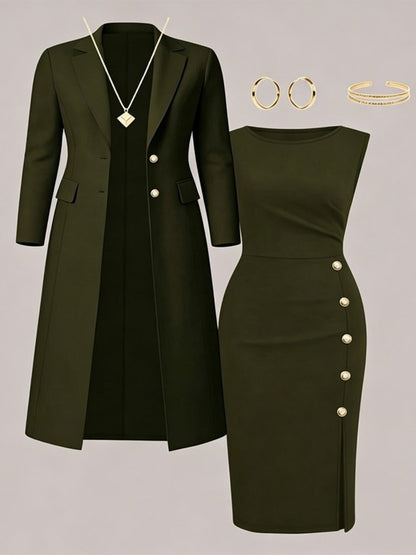 Santina | Conjunto de Blazer Largo y Vestido Sin Mangas con Botones Dorados