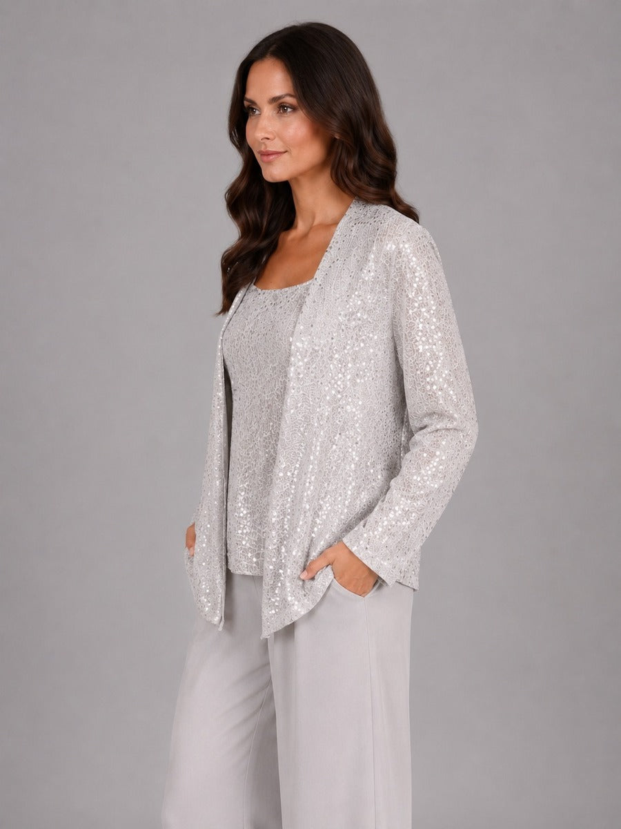 Zelinda | Conjunto de Tres Piezas con Saco Abierto de Lentejuelas, Top y Pantalón de Pierna Amplia