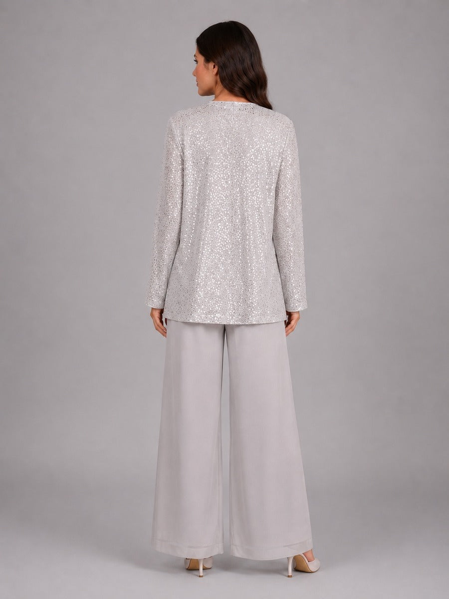 Zelinda | Conjunto de Tres Piezas con Saco Abierto de Lentejuelas, Top y Pantalón de Pierna Amplia