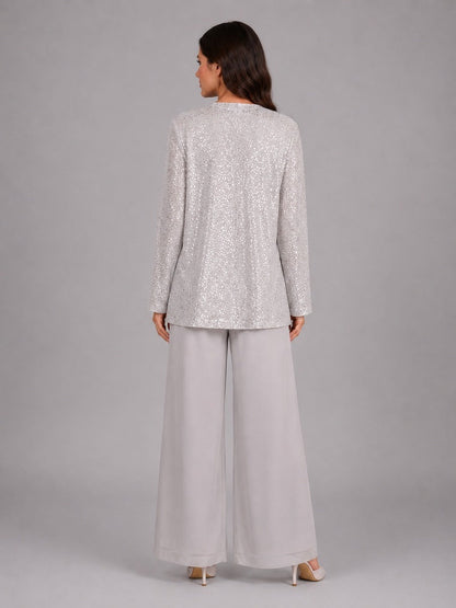 Zelinda | Conjunto de Tres Piezas con Saco Abierto de Lentejuelas, Top y Pantalón de Pierna Amplia