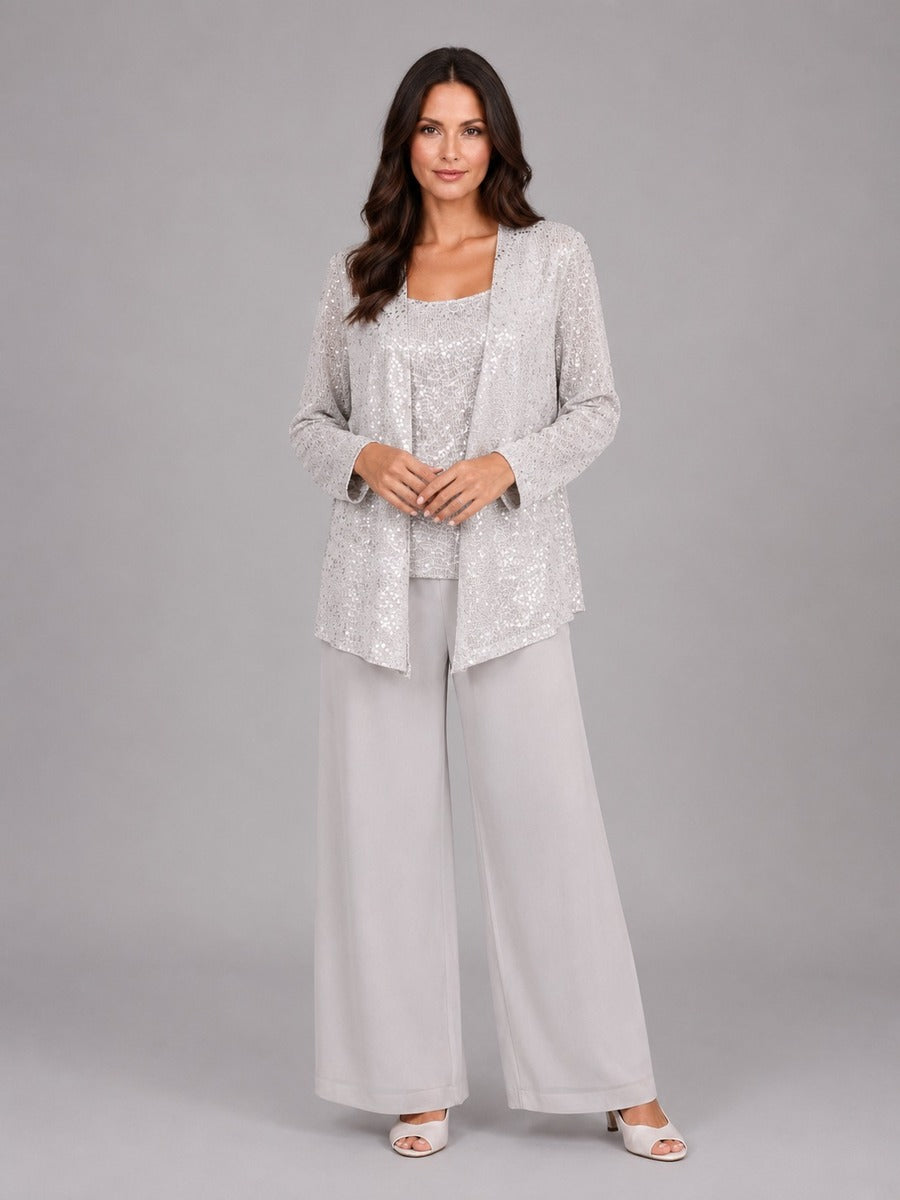 Zelinda | Conjunto de Tres Piezas con Saco Abierto de Lentejuelas, Top y Pantalón de Pierna Amplia