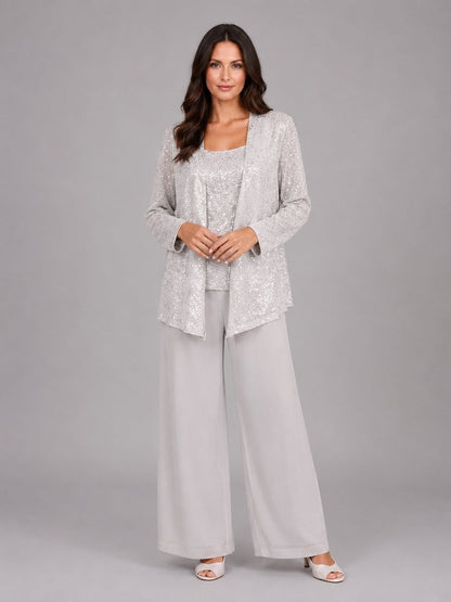 Zelinda | Conjunto de Tres Piezas con Saco Abierto de Lentejuelas, Top y Pantalón de Pierna Amplia