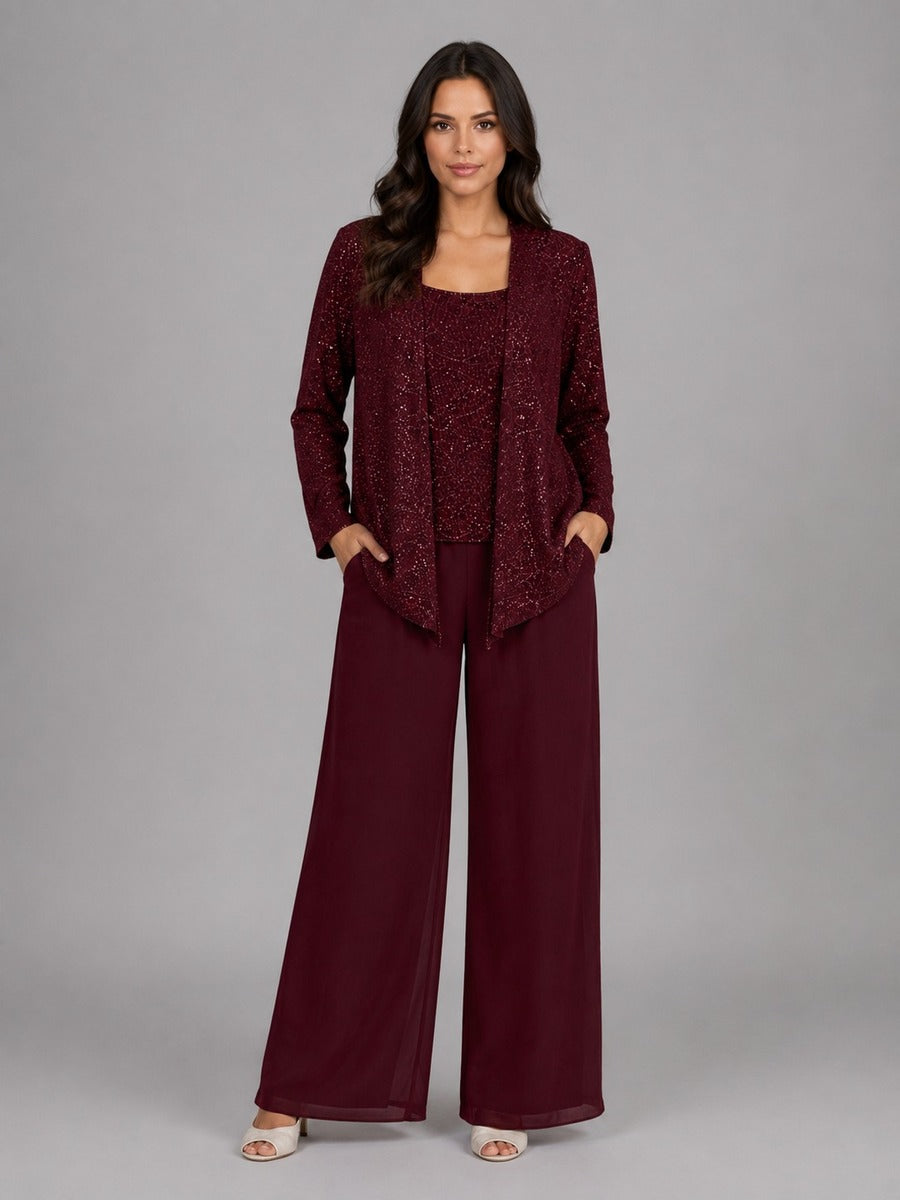 Zelinda | Conjunto de Tres Piezas con Saco Abierto de Lentejuelas, Top y Pantalón de Pierna Amplia