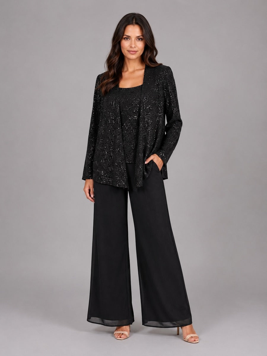 Zelinda | Conjunto de Tres Piezas con Saco Abierto de Lentejuelas, Top y Pantalón de Pierna Amplia