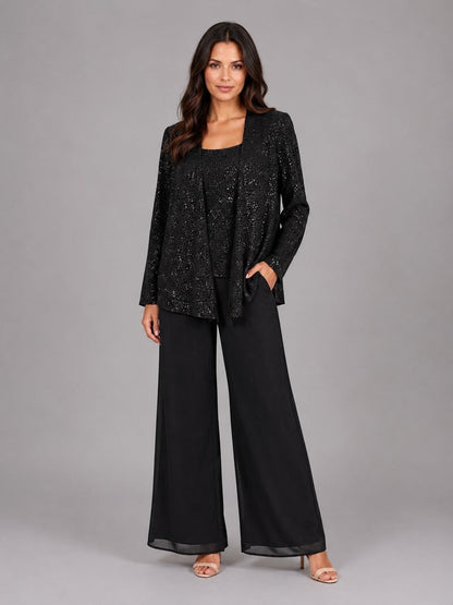 Zelinda | Conjunto de Tres Piezas con Saco Abierto de Lentejuelas, Top y Pantalón de Pierna Amplia