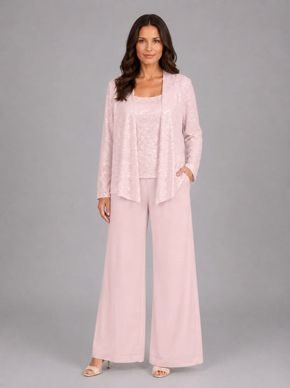 Zelinda | Conjunto de Tres Piezas con Saco Abierto de Lentejuelas, Top y Pantalón de Pierna Amplia