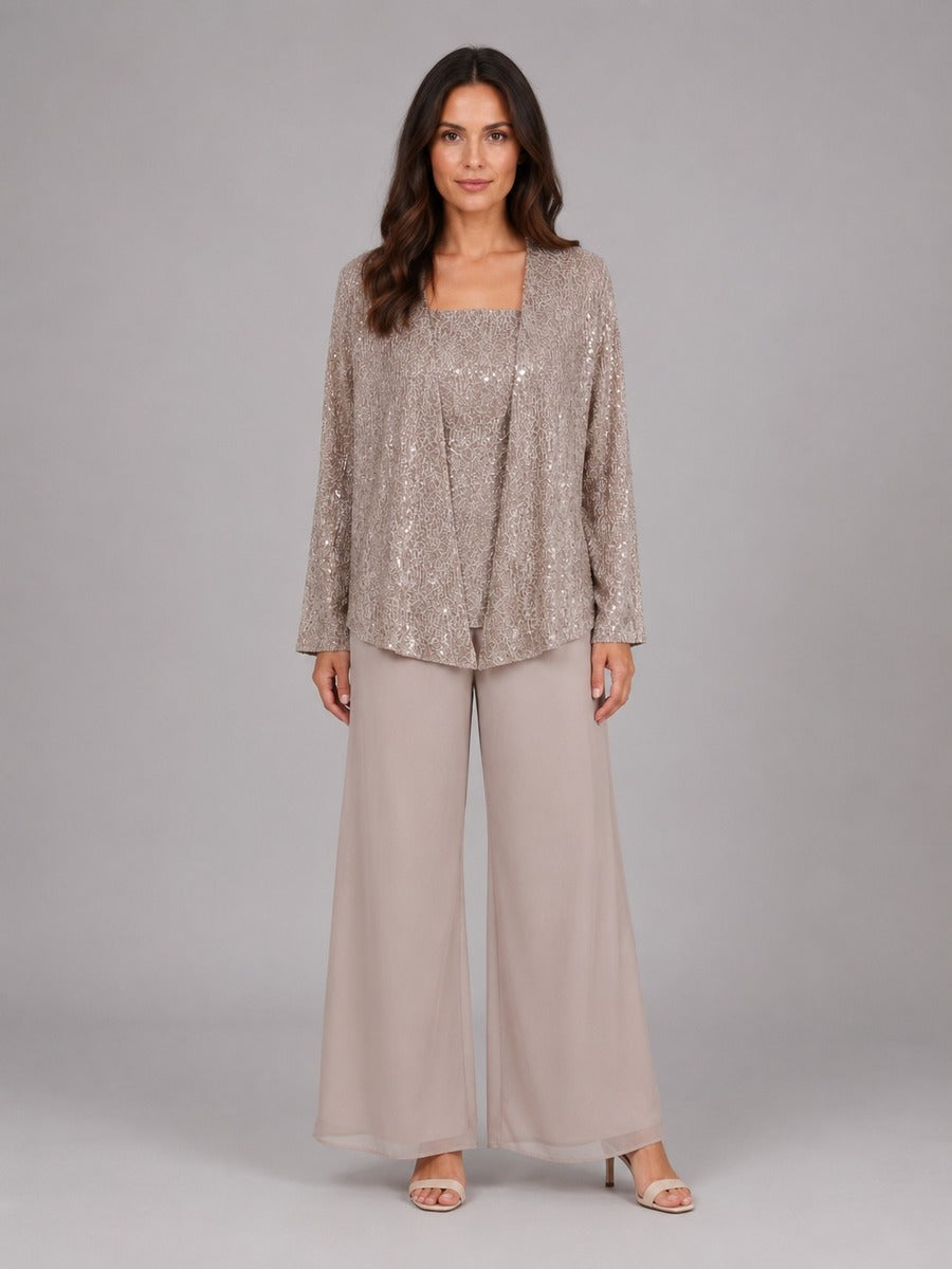 Zelinda | Conjunto de Tres Piezas con Saco Abierto de Lentejuelas, Top y Pantalón de Pierna Amplia