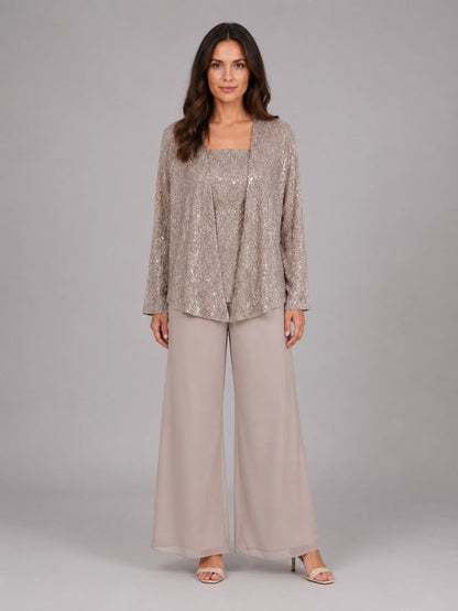 Zelinda | Conjunto de Tres Piezas con Saco Abierto de Lentejuelas, Top y Pantalón de Pierna Amplia